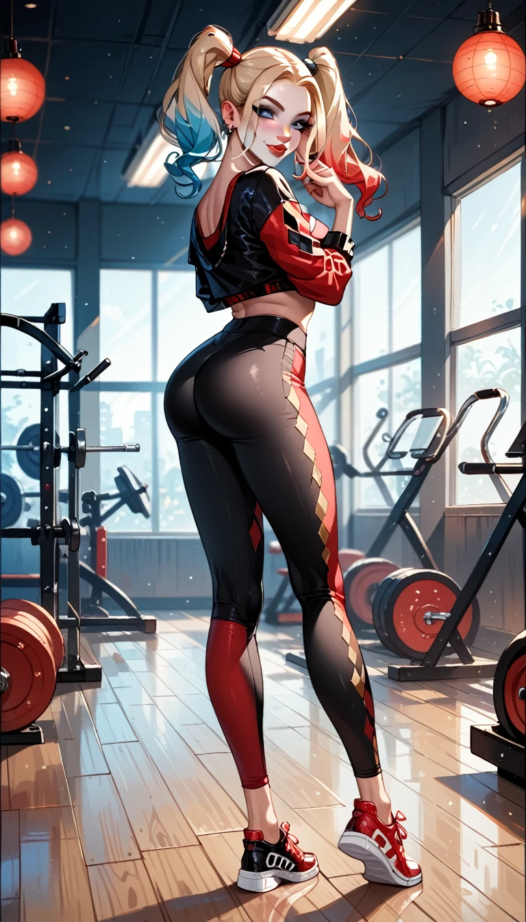 Dark Fantasy Art of score_9, score_8_up, score_7_up, rating_questionable, fantasy, lighting, epiCPhoto 1girl, very sexy (Harley Quinn, blonde, coorful highlights, pigtils:1.1), beautiful waifu, yogapants, jester pattern yoga pants, standing in gym, long legs, sneakers, round butt, thicc, solo, cute, flirt, gaze, sexy look, half-closed eyes, head tilt, filled lips, thick lips, makeup, modelling shoot, sexy pose, dark, moody, dark fantasy style.