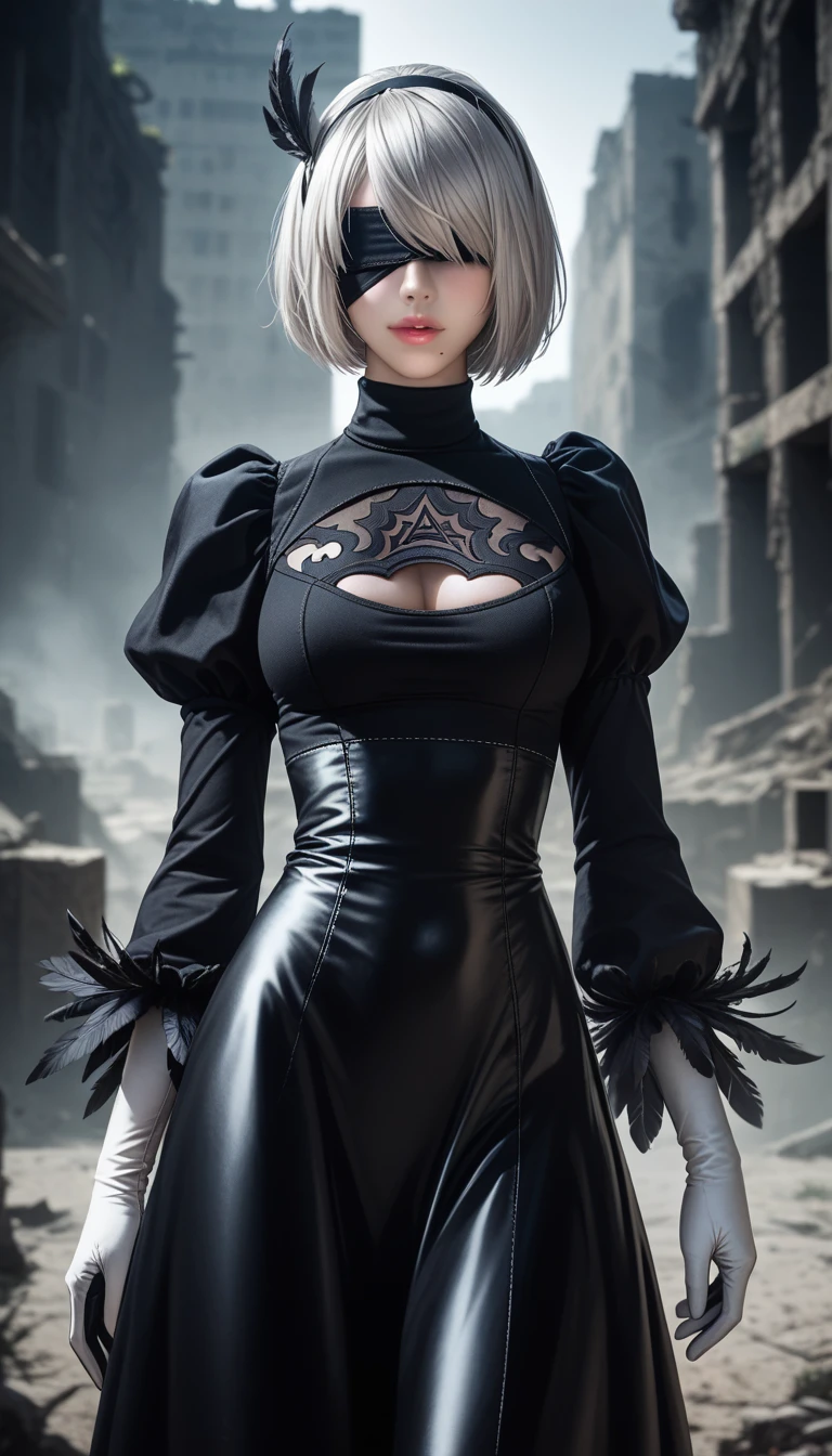 score_9, score_8_up, score_7_up, 32k,masterpiece, highest quality, 
photo realistic, vibrant colors, chiaroscuro lighting, cinematic lighting,
a woman, nier automata 2B inspired,
bob cut, gray hair, bangs, blindfold, pink lips, black goth dress, long sleeve, Juliet sleeve, white gloves, turtleneck, feather ornament, feather ornament sleeves, black leather boots, 
ruins, a ruined world, a devastated battlefield, picturesque, beautiful scenery, fantastic night sky,
seductive pose, cinematic angle,