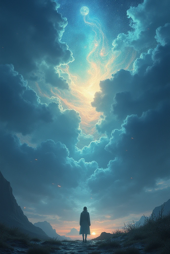 Cloud shaped like a man, faceless sitting with his back turned, looking up at the upper left corner of the screen