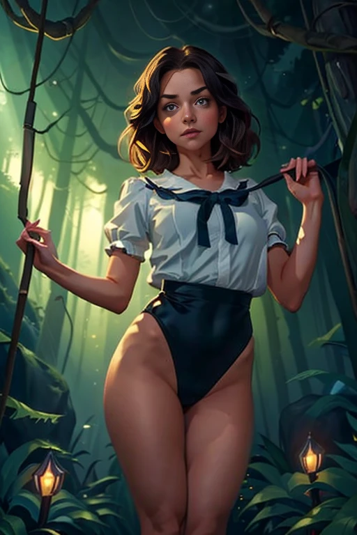 (masterpiece, highest quality),  (夜のdark森), One Girl, young teen, Black gymnastics bloomers, High leg、white blouse, standing in night forest、Anxious expression, 