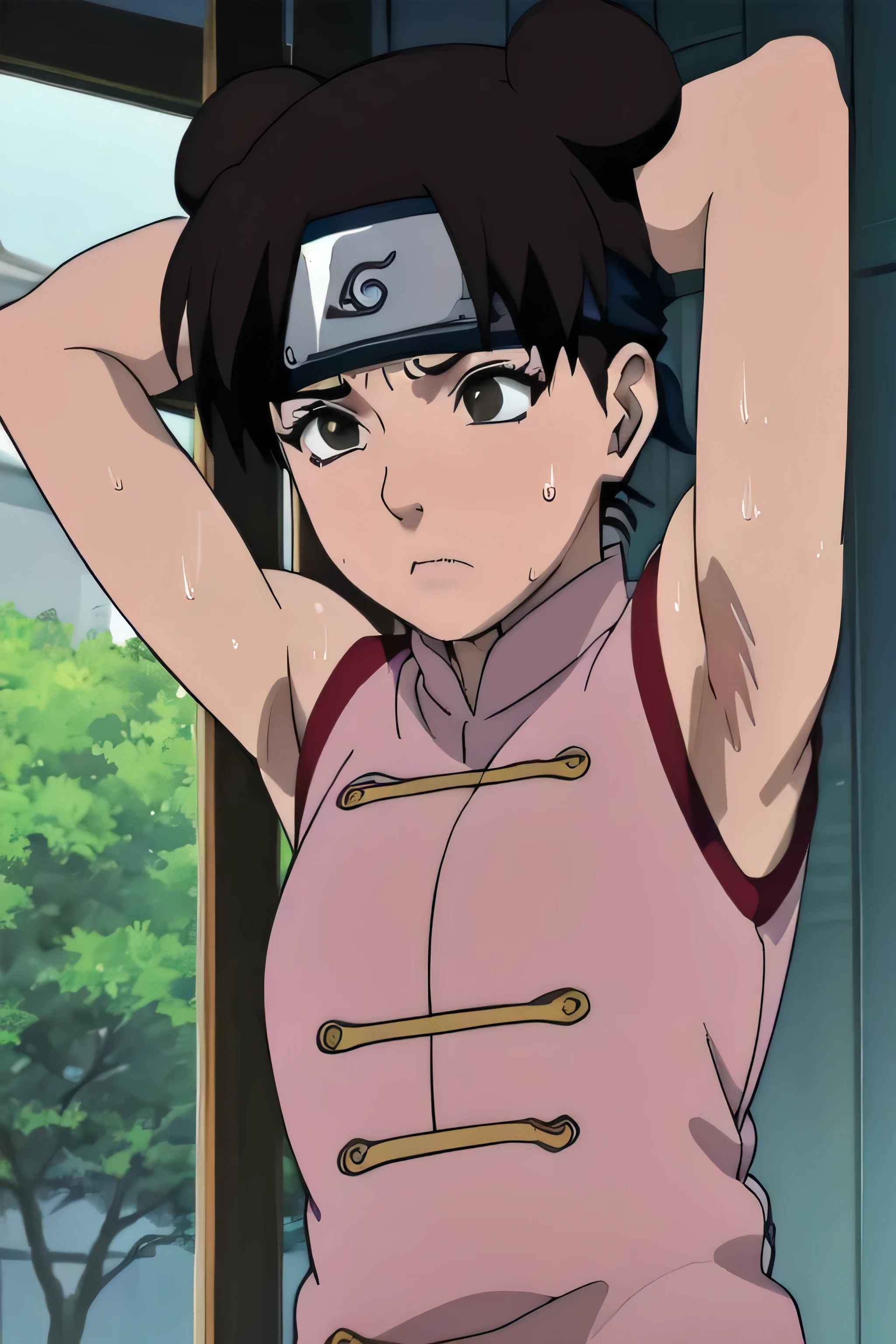 Tenten,solo,armpits,wet armpits, showing wet armpits, armpit,armpits,sweat,sweaty,sweaty armpits,awesome armpits,tired,exhausted,arms up,arm warmers,sleeveless, moderately sized breasts