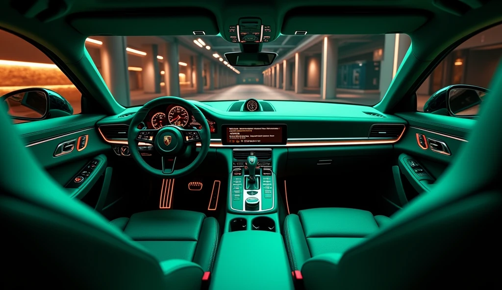 Porsche 912 SUV interior design concept, seat black, color interior black combine emerald, steering black, high end interior, elegant interior, inside of a car, glowing interior components, leather interior, Porsche 912 SUV, highly detailed interior, modern car design, Porsche 912 SUV, luxurious environment, detailed ambient lighting, trending on vehicle design, inside a grand, the console is tall and imposing, beautiful interior, car design, concept, mysterious ambient lighting, logo Porsche 912 SUV