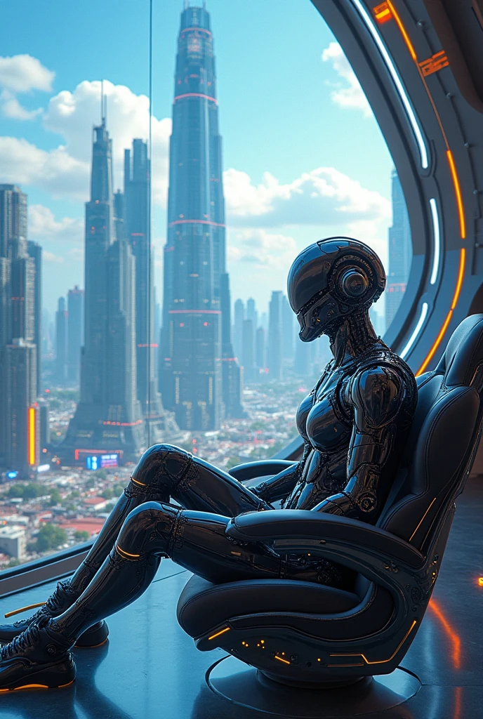 (high quality, ultra-detailed, photorealistic)(office interior, skyscraper:1.2,big city) A female cyborg sitting leisurely in a luxurious chair, with her feet up, interacting with the futuristic environment around her. She exudes elegance and sophistication. The chair features exquisite design and intricate parts showcasing fine craftsmanship. The cyborg's body is half-human and half-machine, with meticulously detailed trimmings accentuating her slender form. The office is magnificently designed with sleek and modern architecture. The scene is bathed in HDR lighting with vibrant and vivid colors, creating a breathtaking visual appeal. The cyborg's body is rendered with hyper-realistic detail, including natural skin textures and soft lighting to enhance the atmosphere. This artwork captures the fusion of technology, beauty, and complexity, resulting in a masterpiece that immerses the viewer in a futuristic yet familiar world.