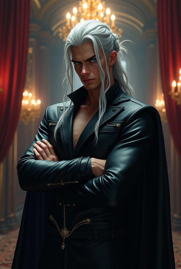 masterpiece, highest quality, (full body), (solo focus), (perfect face:1.1), (high detail:1.1),(1guy), dramatic, dark, 1guy, (pale skin), long white hair, red eyes, solo, long hair, vampire teeth, blood, moon, night, white luxury suit, red suit, vampire, covered navel, pouty lips, covered, victorian city, detailed background, gothic renaissance, cinematic lighting,
