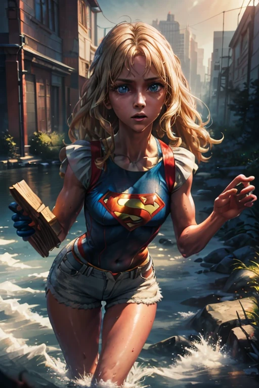 Beautiful woman with wavy blonde hair, Delicate and charming blue eyes, thigh notch, long sexy legs, T-shirt in small shorts with Superman letter S, Beautiful futuristic cyberpunk + city, fog, humid, rain, Masterpiece of the best quality, realistic, detailed, 8K, hdr, shallow depth of field, wide light, high contrast, Backlight, Flooding, Flash, chromatic aberration,  sharp focus, RAW color photo, superman S symbol on the chest.