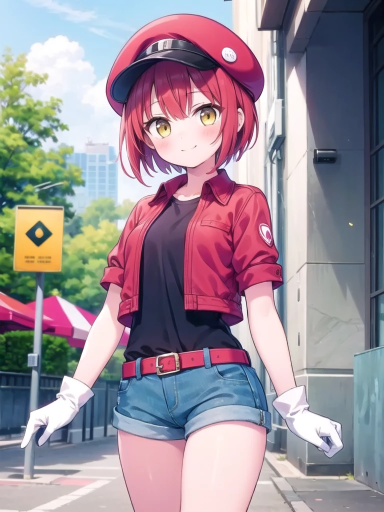 1girl, solo, masterpiece, best quality, perfect hands, smile, blush, closed mouth, AE3803, red hat, red hair, short hair, yellow eyes, ((red jacket, black shirt)), inner shirt, short sleeves, short shorts, cowboy shot, bare legs, blue shorts, denim shorts, collared jacket, white gloves, roll up sleeves, red belt, ((short jacket))