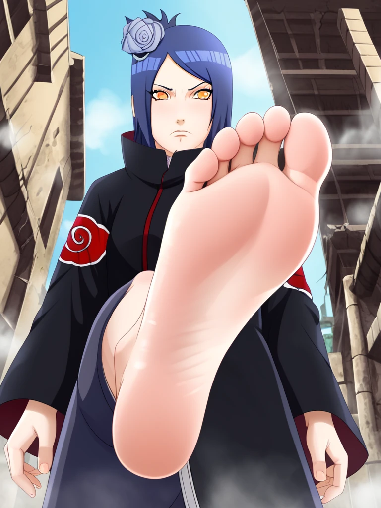 The woman \(Naruto\), Alone, 1girl, closed_mouth, akatsuki outfit, (akatsuki outfit:1.1), flower, hair flower, (orange eyes:1.2), black coat，Alone，Small town in Japan，ruins，Contempt，Dark gray blue hair，Soles出汗，barefoot，Perfect feet，水从Soles滴落，Steam around feet，Five toes per foot，Low Angle，front，Soles，One-leg stand，Lift one foot，Foot Focus，high resolution, Anatomically correct, Focal length 35mm, 