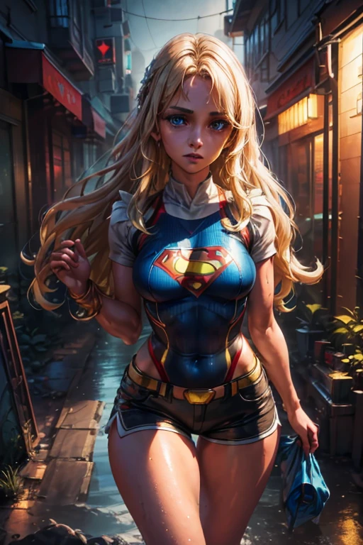 Beautiful woman with wavy blonde hair, Delicate and charming blue eyes, thigh notch, long sexy legs, T-shirt in small shorts with Superman letter S, Beautiful futuristic cyberpunk + city, fog, humid, rain, Masterpiece of the best quality, realistic, detailed, 8K, hdr, shallow depth of field, wide light, high contrast, Backlight, Flooding, Flash, chromatic aberration, sharp focus, RAW color photo, superman S symbol on the chest.