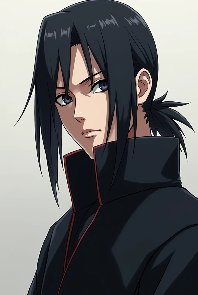 itachi uchiha, a character from the anime Naruto, in a dramatic and intense scene. He's standing in the middle of a dark forest, with the full moon shining through the trees, casting long and mysterious shadows. Itachi is wearing his classic Akatsuki cape, black with red clouds, and the Vila da Folha bandana crossed out, symbolizing his desertion.Their eyes, with Sharingan activated, glow brightly red, reflecting your power and determination. An expression of seriousness and melancholy is on his face, showing the emotional toll of their sacrifices. He holds a kunai in his right hand, prepared for any threat.Ao fundo, The atmosphere is dense and charged, with leaves slowly falling from the trees, creating a dramatic effect. The moonlight highlights your face and eyes, while the rest of the scene remains in dark tones, accentuating the contrast between light and