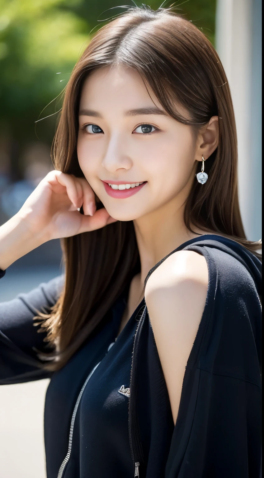 Beautiful Young Woman of the Year、 Korean women、Light brown hair、Necklace around the neck、Woman in swimsuit、、smile, Beautiful teeth alignment、Intricate details, Very detailed:1.2), 、 Looking into the camera,background is indoor pool、ear piercing