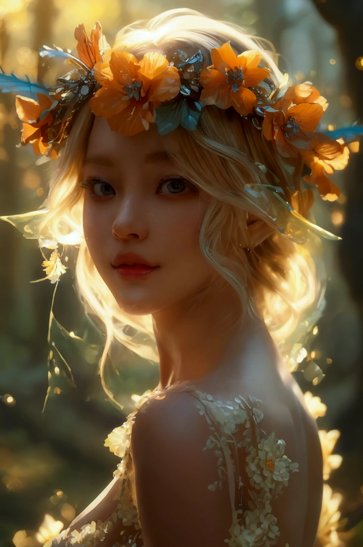 Very detailed, masterpiece, Cinematic Lighting Digital Photography, art,Surreal Paintings,girl, Blonde,Short hair,A happy smile,Muscular,sexy,suit,(masterpiece, Side light, complicated, elegant, Very detailed,river,elegant,crown,Gorgeous,Beautiful legs,Flower Hair Ornaments,Mysterious Forest、Glowing flying fairy,Beautiful, detailed eyes: 1.2), High resolution, Realist, High resolution,Big breasts that look like they might burst,High nose,写真のための美しくsexyなポーズ, full length