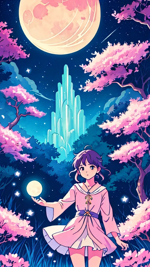 /imagine prompt: Viral anime nature wallpaper in 4K quality, in the style of digital illustration inspired by Naoko Takeuchi, depicting a magical forest at midnight with glowing flowers, fairy lights, and an ethereal moon casting a soft glow; cool and mystical color temperature, cosmos lighting with stars twinkling in the sky, no human characters, the atmosphere is enchanting and serene --v 5 --stylize 1000
