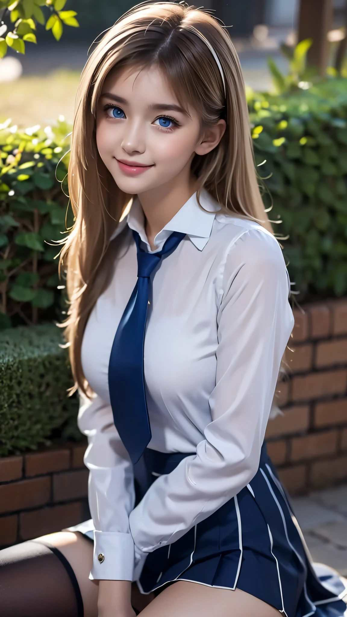 （（（Caucasian European Woman）））、（（（1）））、1 person、（（（Thin contours、blue eyes）））、（Thin contours）、Big Breasts、Small waist、（（（White and translucent skin:1.3）））、Beautiful shiny blonde medium long hair、（Gorgeous wavy hair）、8-head model style、looking at the camera、Smile、Cowboy Shot、White blouse、Grey pleated skirt）、Large navy blue tie、Black knee-high socks、garden、Top view