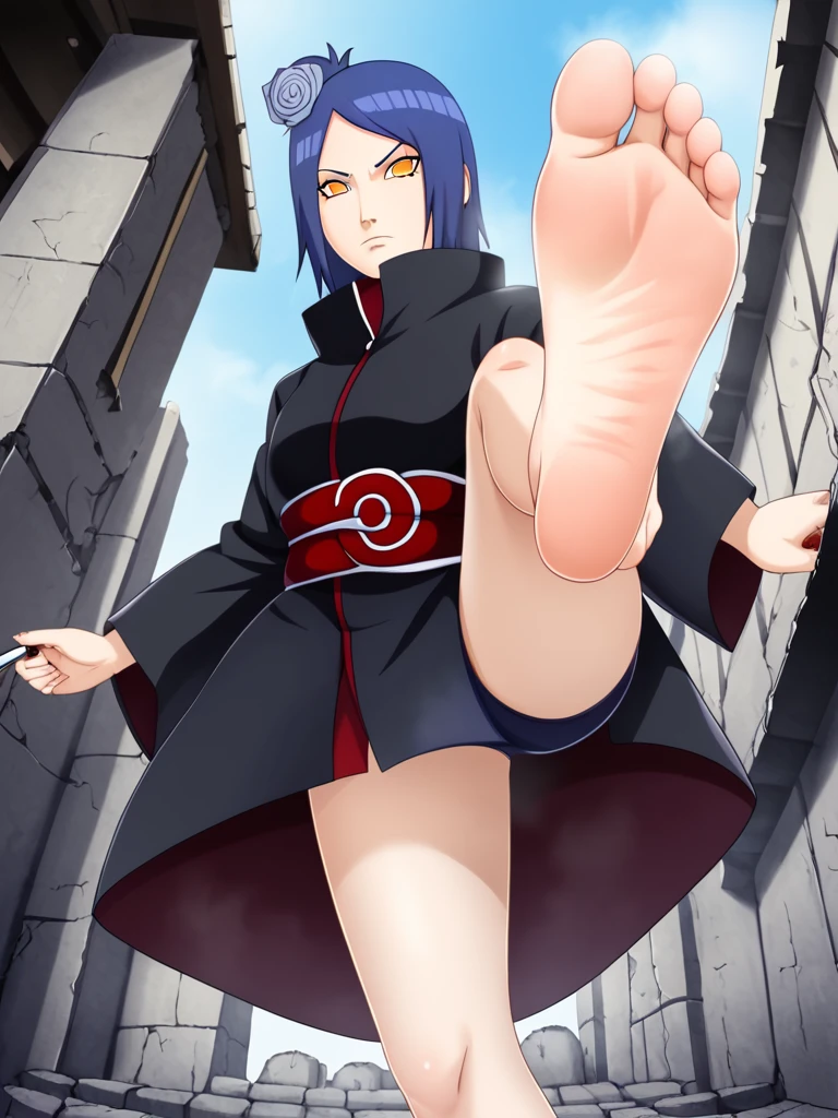 The woman \(Naruto\), Alone, 1girl, closed_mouth, akatsuki outfit, (akatsuki outfit:1.1), flower, hair flower, (orange eyes:1.2), black coat，Alone，Small town in Japan，ruins，Contempt，Dark gray blue hair，Soles出汗，barefoot，Perfect feet，水从Soles滴落，Steam around feet，Low Angle，front，Soles，One-leg stand，Lift one foot，high resolution, Anatomically correct, Focal length 35mm, 