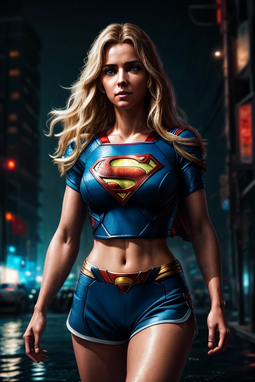 Beautiful woman with wavy blonde hair, Delicate and charming blue eyes, thigh notch, long sexy legs, T-shirt in small shorts with Superman letter S, Beautiful futuristic cyberpunk + city, fog, humid, rain, Masterpiece of the best quality, realistic, detailed, 8K, hdr, shallow depth of field, wide light, high contrast, Backlight, Flooding, Flash, chromatic aberration, sharp focus, RAW color photo, superman S symbol on the chest.