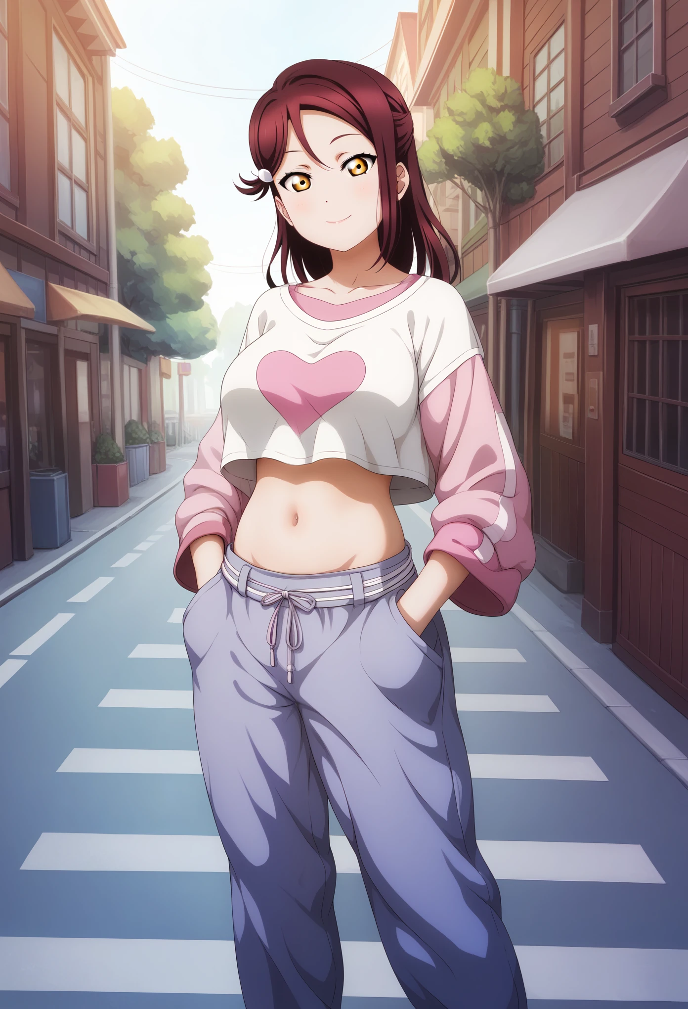 masterpiece, best quality, realistic anime art, front view, ,dark red hair ,yellow eyes , sakurauchi riko love live ,assertive female, oversized clothes, oversized crop top, oversized pants, standing, hands in pocket ,on street, midriff