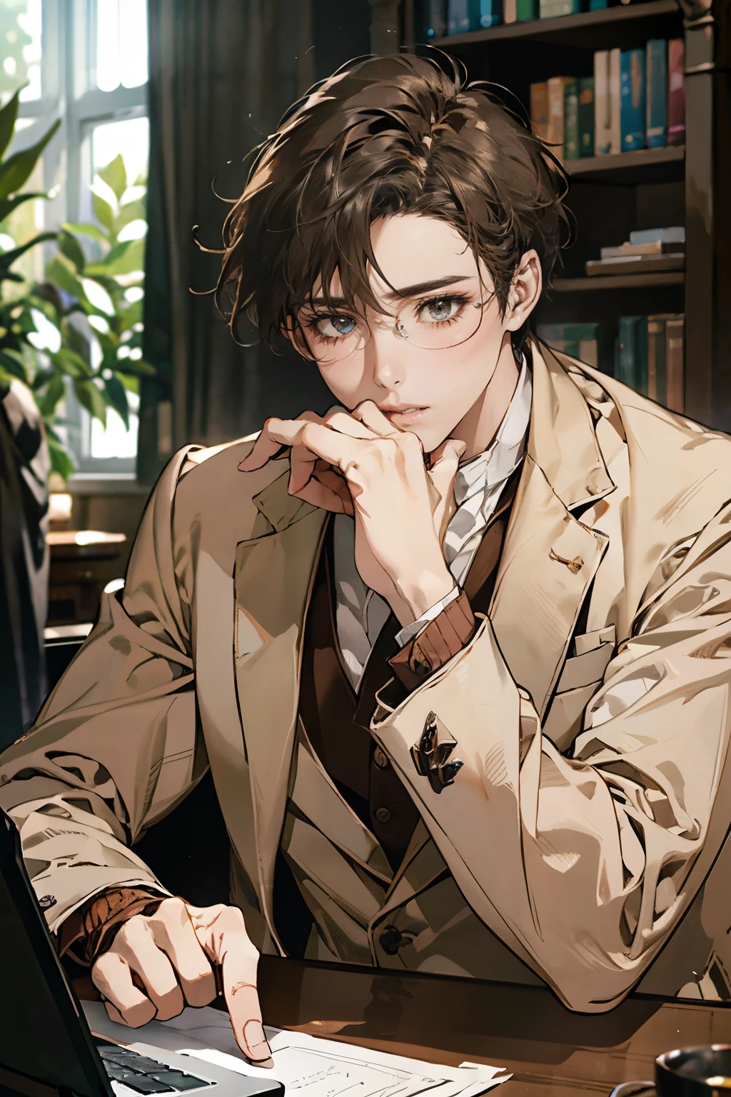 (Masterpiece artwork, high resolution, ultra details:1.0), (1 , young male), eyes looking at the camera, perfect male body, extremely detailed CG, 8k wallpaper, Complicated Details, just people, face detailed,(brown hair, eyes browns, white  shirt, brown overcoat,brown suit vest, cups, shadowy face, Sit in front of the laptop, Behind her is a large bookshelf, sitting at the work table, I was in the workroom), Color difference, Depth of field, dramatic shadow, ray tracing, best quality, cinematic lighting, Dark lighting of the room, offcial art,  wearing glasses.