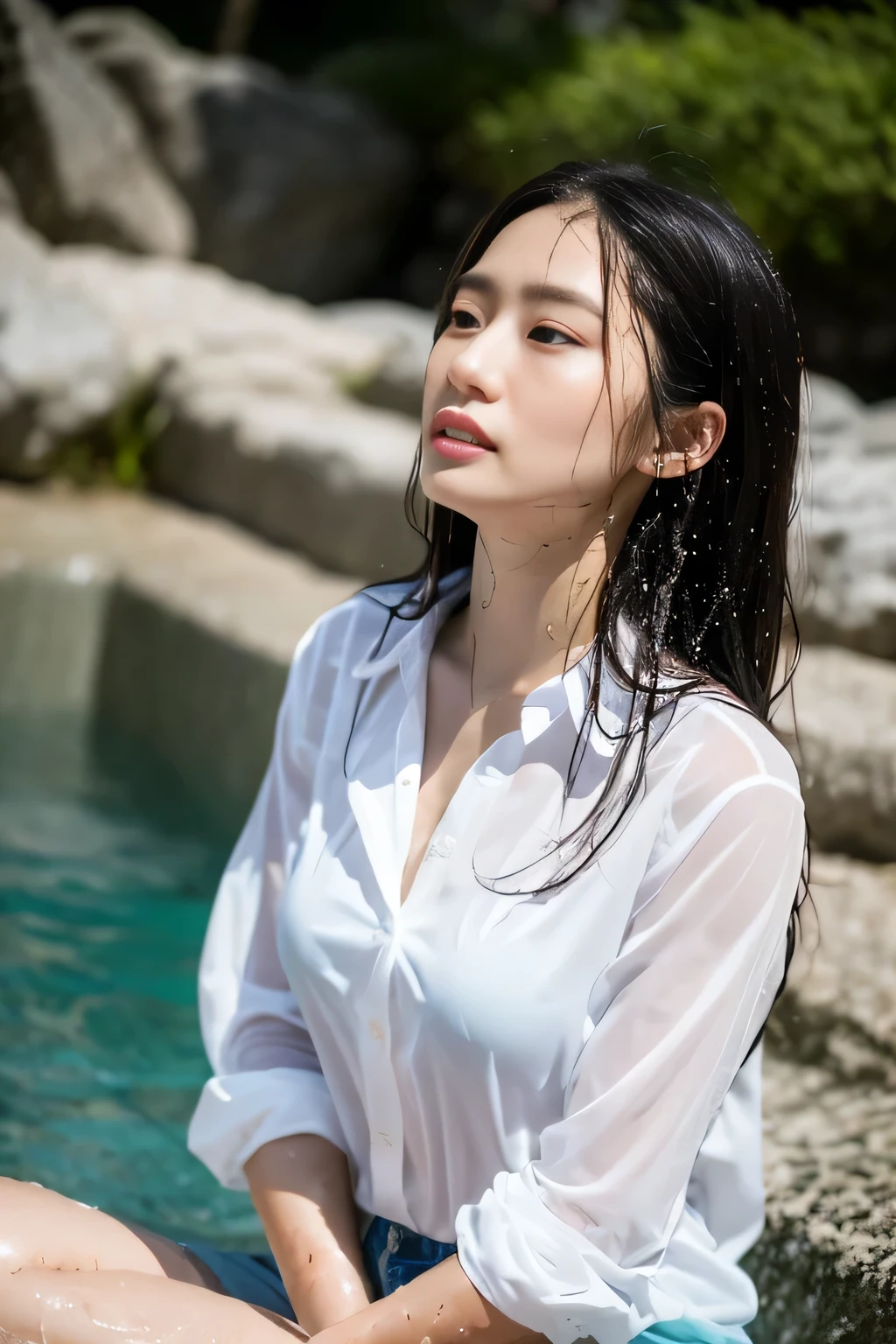 Wet hair, long and dark, white translucent shirt, water splashes, semi-sitting pose, hands touching chest, looking slightly to the side, natural makeup, beach environment, strong daylight from above, dynamic and energetic atmosphere, low shooting angle, shallow depth of field, sharp focus on the subject, well-exposed action shot.