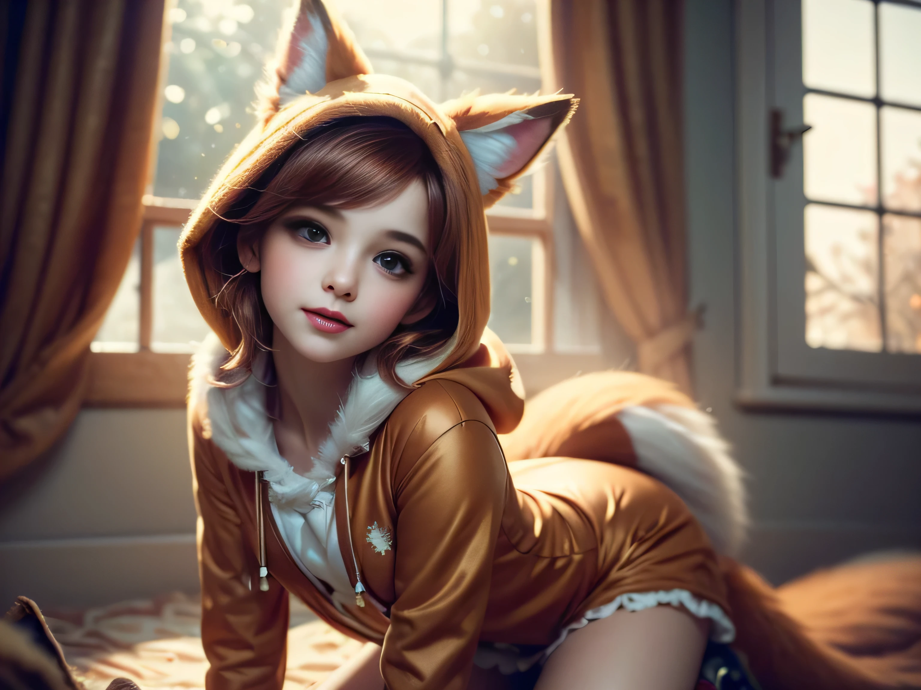 (Best Quality, Super Detailed, masterpiece, representative work, official art, professional, super high detail, 8k:1.3) Cute girl face, ginger hair, ((brown)) eyes, 1 girl, fox costume, hood, fox tail, furry, kneeling, girl dressed as furry, Vivid colors, Red hair, Innocent expressions, Playful features, Natural lighting, Soft background, Photorealistic, Shining eyes, Sharp focus, Glowing skin, Sweet and mischievous look, Hint of mischief, Dreamy atmosphere, Delicate details, soft volumetric light, (backlight:1.3), (cinematic:1.2), intricate details, (ArtStation:1.3)