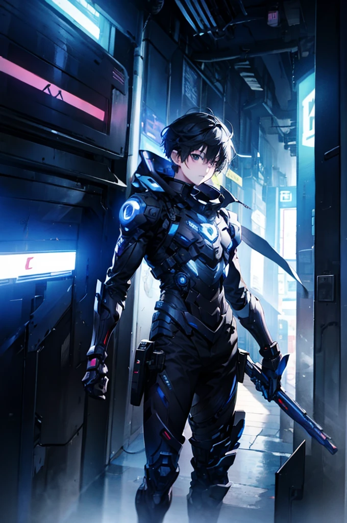 Alone、Front、whole body、Anime boy protagonist in a futuristic mechanical combat suit、Cyberpunk Anime Boy、