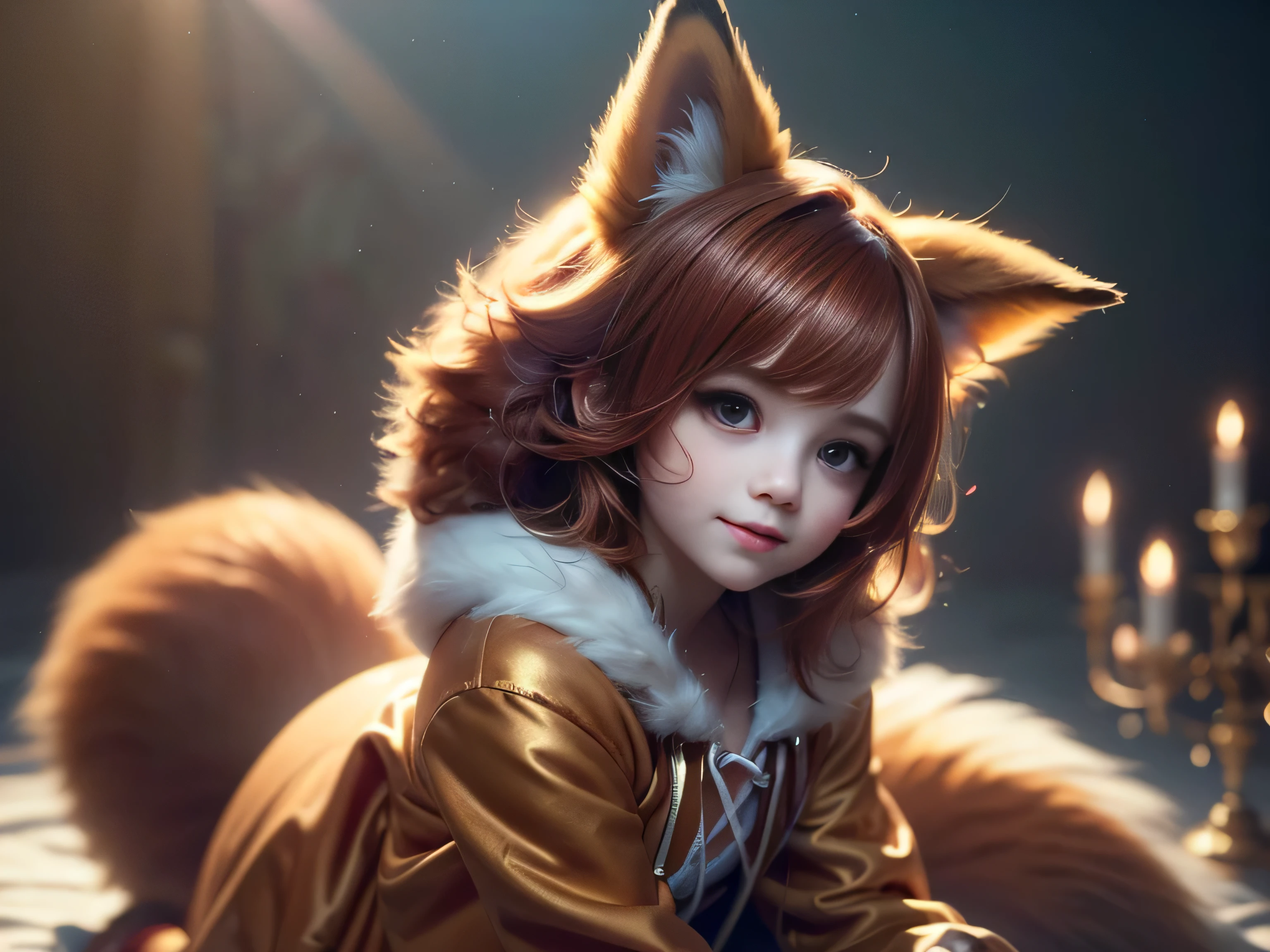 (Best Quality, Super Detailed, masterpiece, representative work, official art, professional, super high detail, 8k:1.3) Cute girl face, ginger hair, ((brown)) eyes, 1 girl, fox costume, hood, fox tail, furry, kneeling, girl dressed as furry, Vivid colors, Red hair, Innocent expressions, Playful features, Natural lighting, Soft background, Photorealistic, Shining eyes, Sharp focus, Glowing skin, Sweet and mischievous look, Hint of mischief, Dreamy atmosphere, Delicate details, soft volumetric light, (backlight:1.3), (cinematic:1.2), intricate details, (ArtStation:1.3)