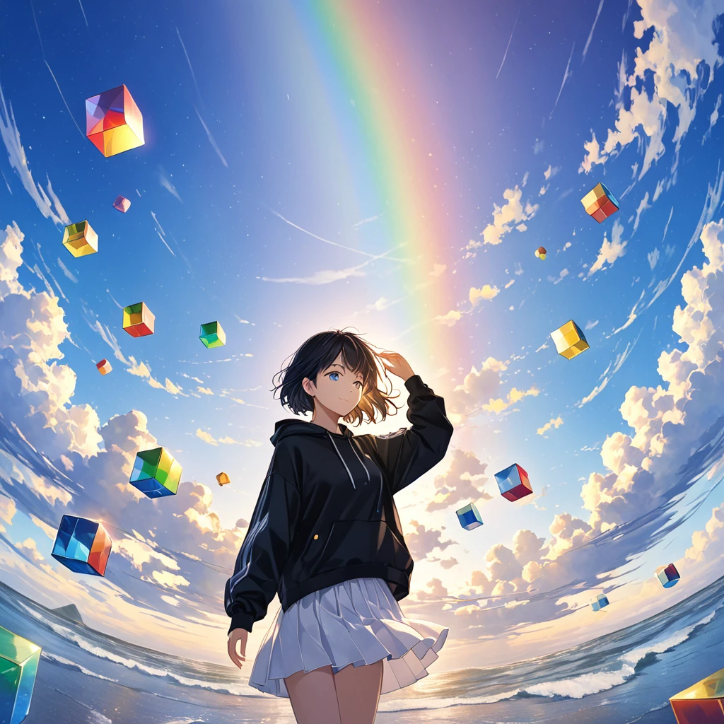 Best Quality, 4K, 8k、rainbow色のキューブを持っている女性,Seven cubes floating in the palm of your hand,Seven color cubes,Shine,Ultra-mysterious,Black Hair,Short Hair,Blown by a strong wind,blue eyes,[Calm face,Black hoodie,White Skirt,Standing,Black sneakers,rainbow色,rainbow色のの光,7 cubes,smile,Best scene,rainbow,Light from above,Enveloped in light,Front Angle、Bright atmosphere、