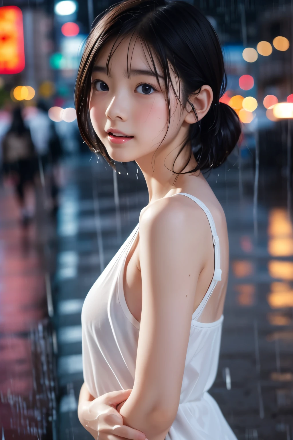 masutepiece, (Best Quality:1.4), Realistic, Dramatic lighting,Professional Writing,strong shadows,Highly detailed unified 16k wallpapers, Photorealistic ray-traced depth of field,Wet roads ,Orange filter、drenched, Dripping, Wet Face,Wet clothes, Wet Skin, Wet Hair,A young woman with a cute face like a Japanese idol,(Cleavage),((Cinema Lighting),(Natural light),(High level of artistry),(artistic),(Indistinguishable quality from the real thing),RAW Photos,Genuine,Genuine,High resolution,RAW Photos,masterpiece, beautiful