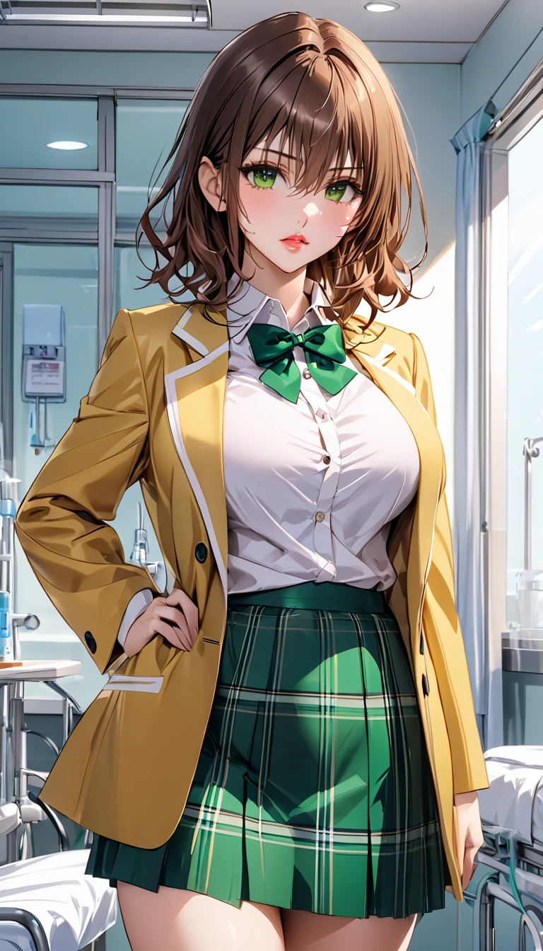 ((Highest quality)), ((masterpiece)), (detailed), （Perfect Face）、mikado ryouko, large breasts,glossy lips, seinan high school uniform ,winter school uniform, yellow blazer, buttoned blazer,plaid skirt, green skirt ,green bowtie, white shirt,thigh, from front, cowboy shot,standing,hand on hip, embarrassing ,in medical room