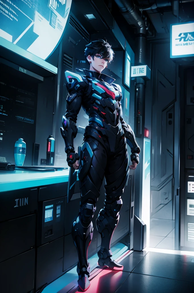 Alone、Front、whole body、Anime boy protagonist in a futuristic mechanical combat suit、Cyberpunk Anime Boy、