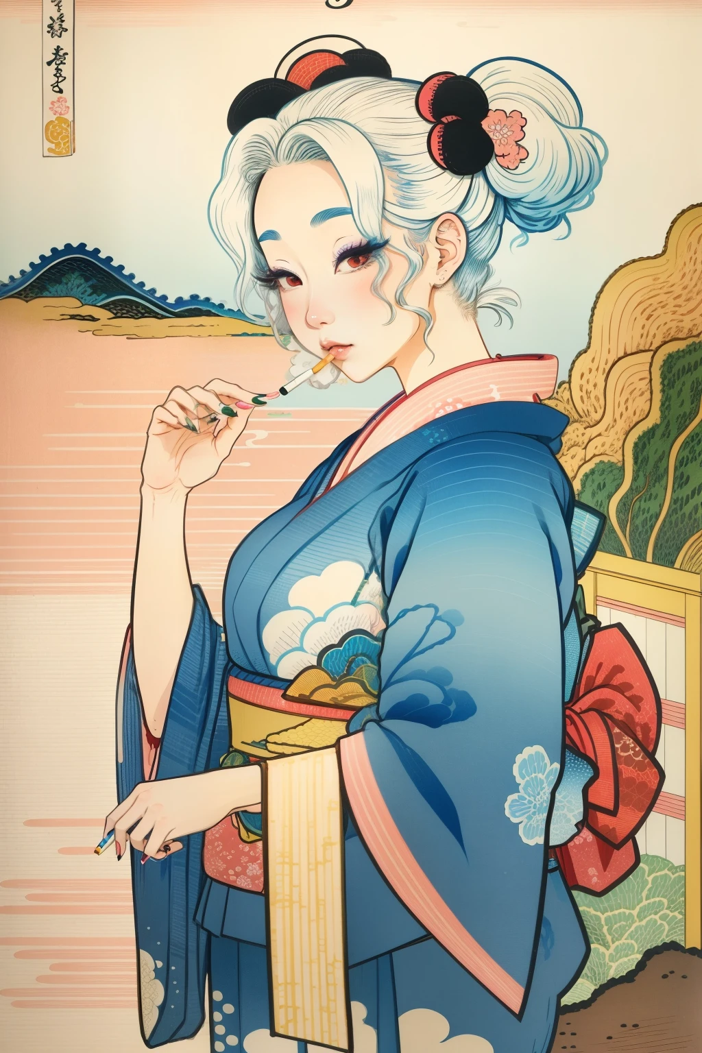 One Girl, Best Quality, Ukiyo-e style, Hokusai Style, Gal smoking a cigarette, Cigarette smoke is a gradient of light blue and pink, Young woman, White Hair, Twin tails, Curly Hair, False eyelashes, The makeup is heavy, White skin, Rainbow Yukata, Long decorated nails,