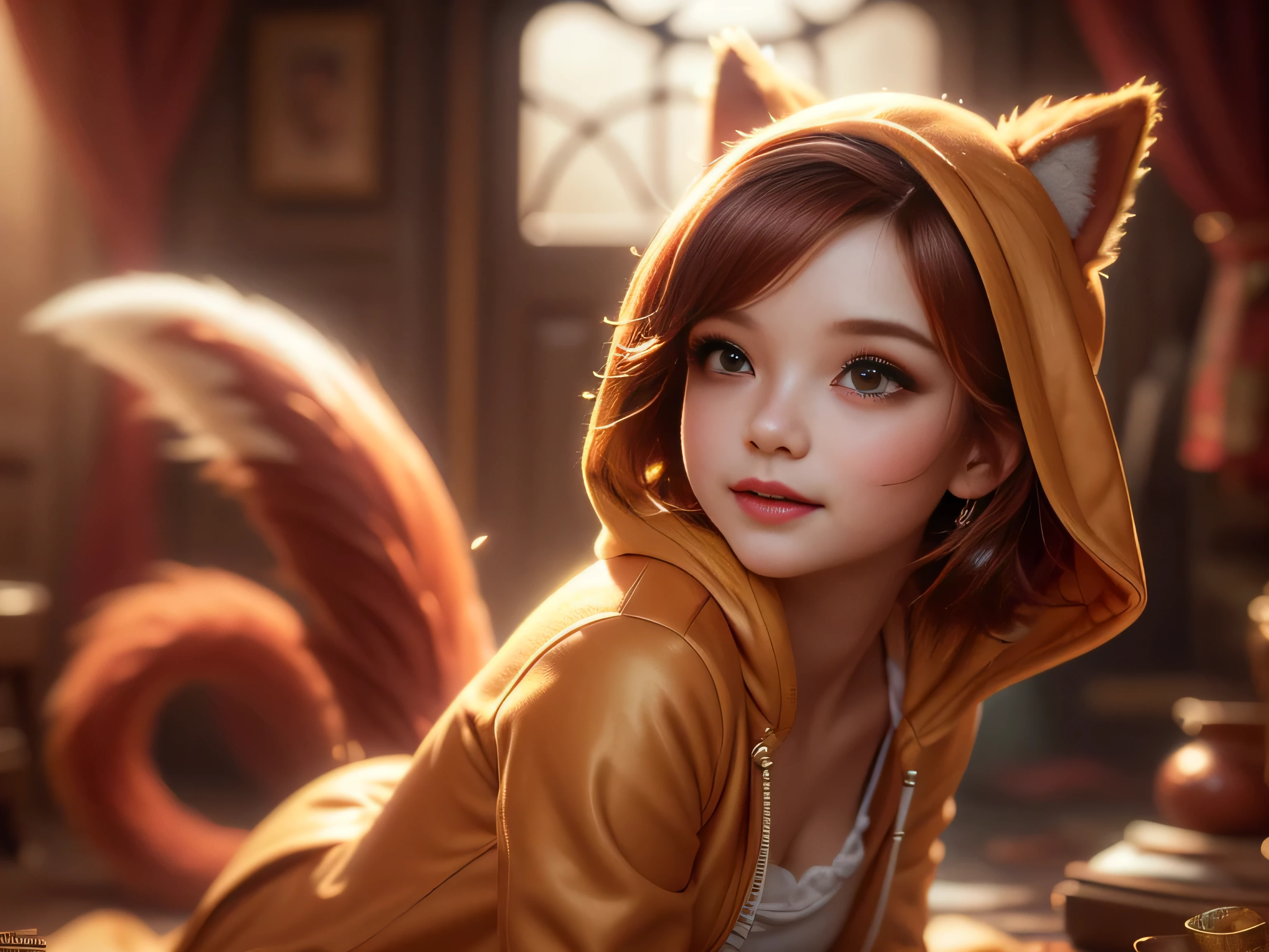 (Best Quality, Super Detailed, masterpiece, representative work, official art, professional, super high detail, 8k:1.3) Cute girl face, ginger hair, ((brown)) eyes, 1 girl, fox costume, hood, fox tail, furry, kneeling, girl dressed as furry, Vivid colors, Red hair, Innocent expressions, Playful features, Natural lighting, Soft background, Photorealistic, Shining eyes, Sharp focus, Glowing skin, Sweet and mischievous look, Hint of mischief, Dreamy atmosphere, Delicate details, soft volumetric light, (backlight:1.3), (cinematic:1.2), intricate details, (ArtStation:1.3)