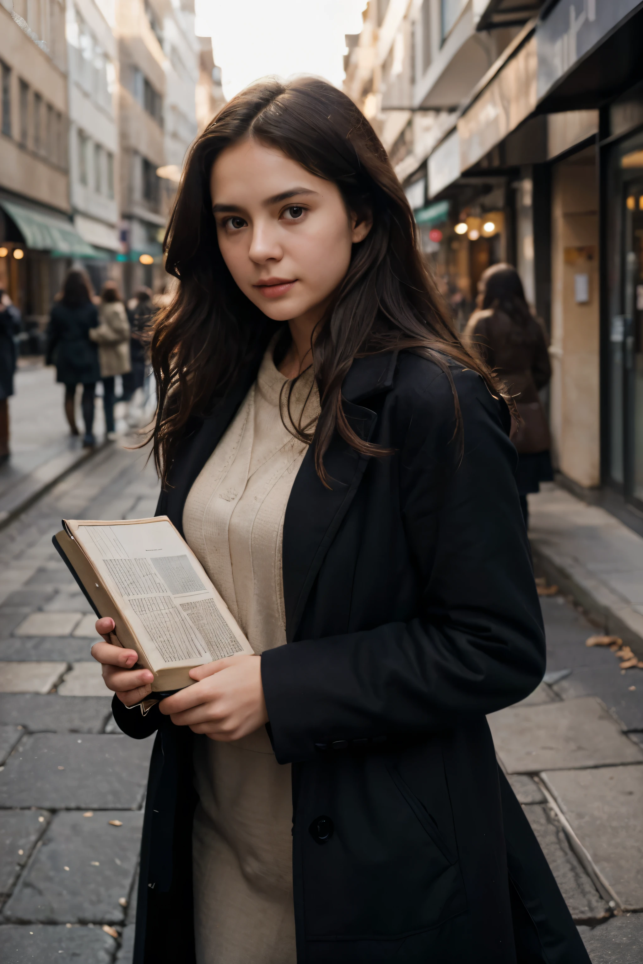 Casually dressed in a dark coat and holding documents and books, she stands outdoors with shoulder-length wavy hair, appearing focused, while soft natural lighting creates a subtle shadow on the street background. Highest quality、masterpiece、RAW Photos、Film Grain、Ultra-high resolution、young woman