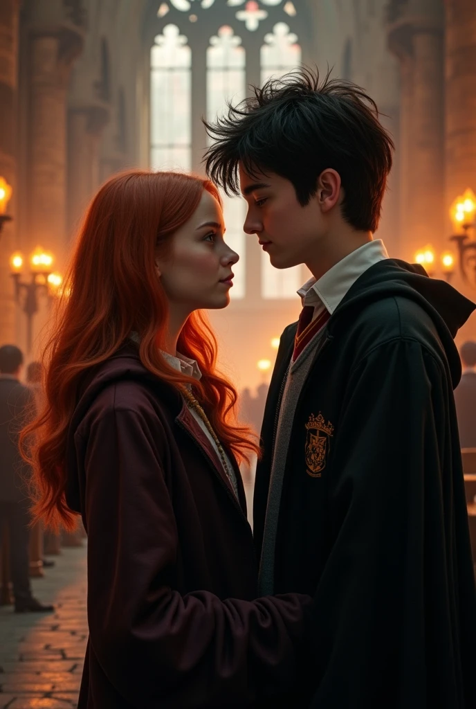Draco Malfoy, a eubio boy, and Harry Potter, a black-haired boy, fighting over Gynny Weasley, a red-haired girl