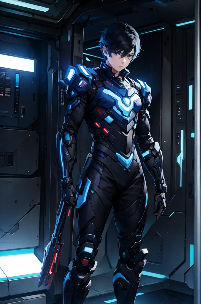 Alone、Front、whole body、Anime boy protagonist in a futuristic mechanical combat suit、Cyberpunk Anime Boy、