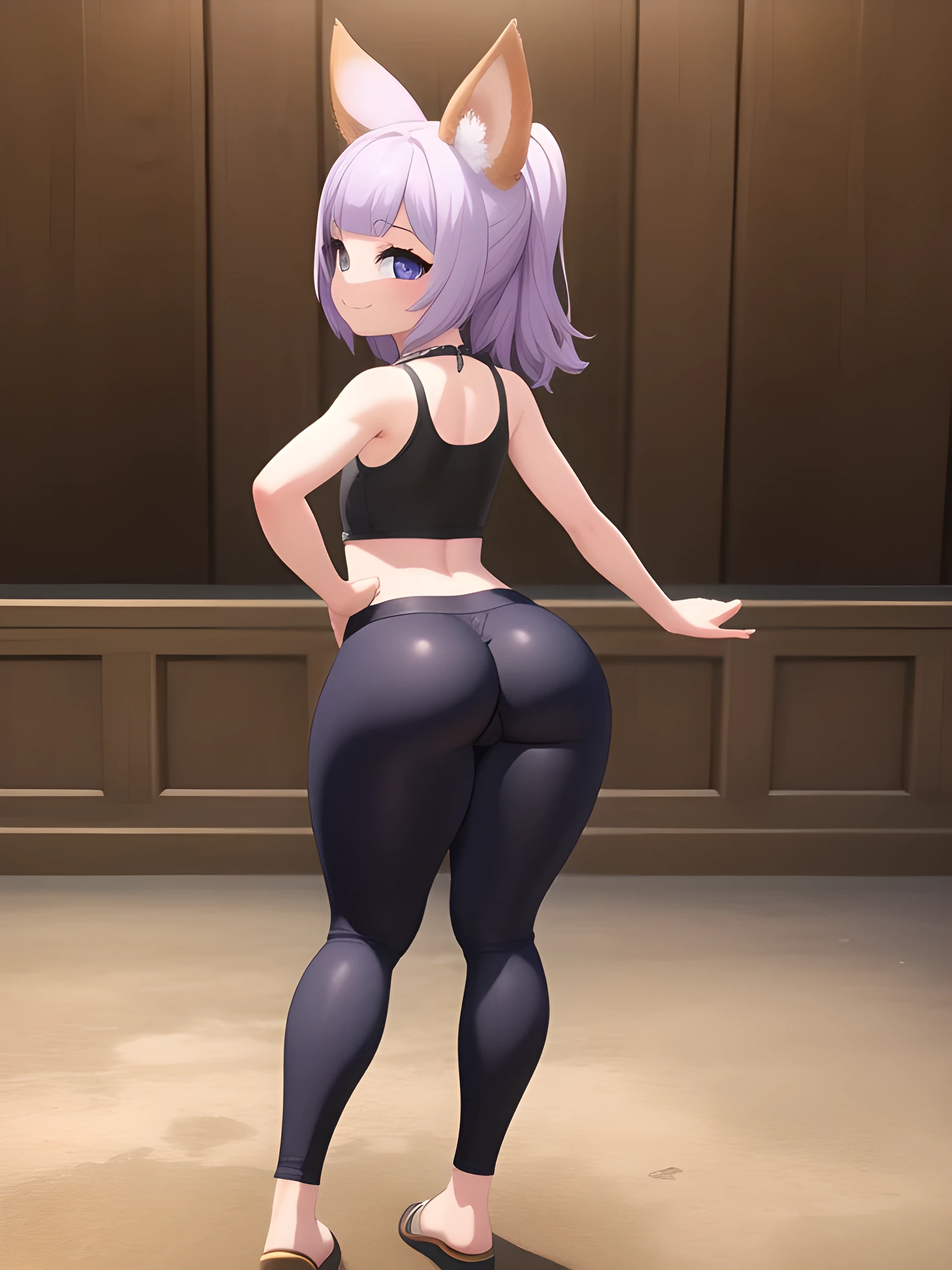 masterpiece, absurdres, best quality, photorealistic, realistic, tera elin, beautiful detailed eyes, ultra detailed, 1girl, wide hips, thick thighs, yoga pants, croptop , small breasts, skin indentation, dynamic pose, sexy pose, cameltoe, full body, evil smile, standing, from behind, big ass, 
