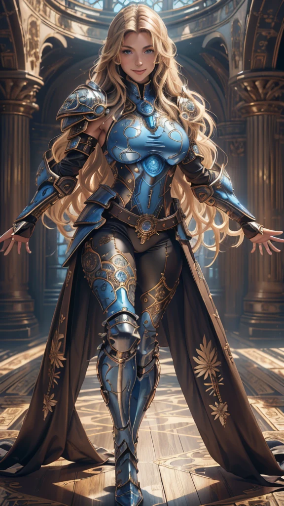 Full body portrait of one extremely beautiful blonde young woman, perfection, tall, huge breasts, impressive cleavage, powerful, determined, confident, powerful sorceress walking down stairs, charismatic badass, omnipotent, very sensual, very sexy, in a medieval fantasy setting, rich magical academy hall, masterpiece, dynamic intense lighting, epic shot, highly detailed, eloquent shot, large shot, surrounded by purple magical intense energy