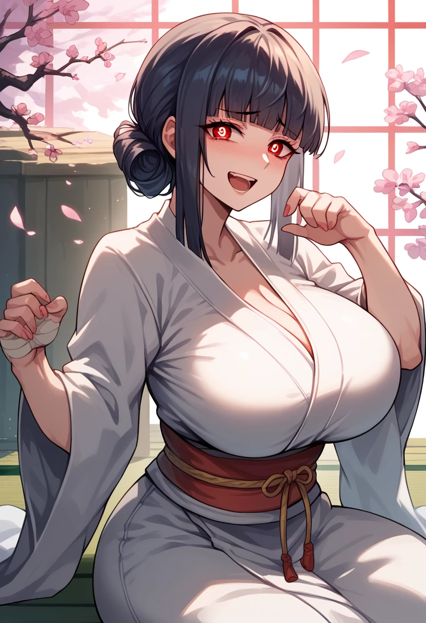 (( 1girl in)), (NSFW)、blush,black colored hair、Parted bangs、a purple eye,Japanese-style room at night、((large full breasts))、big butts、((thick thighs))、Sweat、((glares))、Surprised、(Long side hair)、Short hair、spreading legs、(White panty)、Dark purple kimono、red scarf、Armpits、Hands behind the head