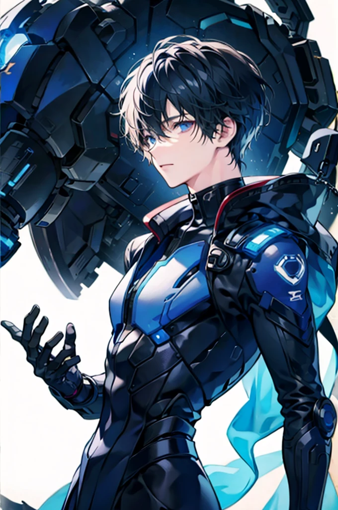 Alone、Front、whole body、Anime boy protagonist in a futuristic mechanical combat suit、Cyberpunk Anime Boy、