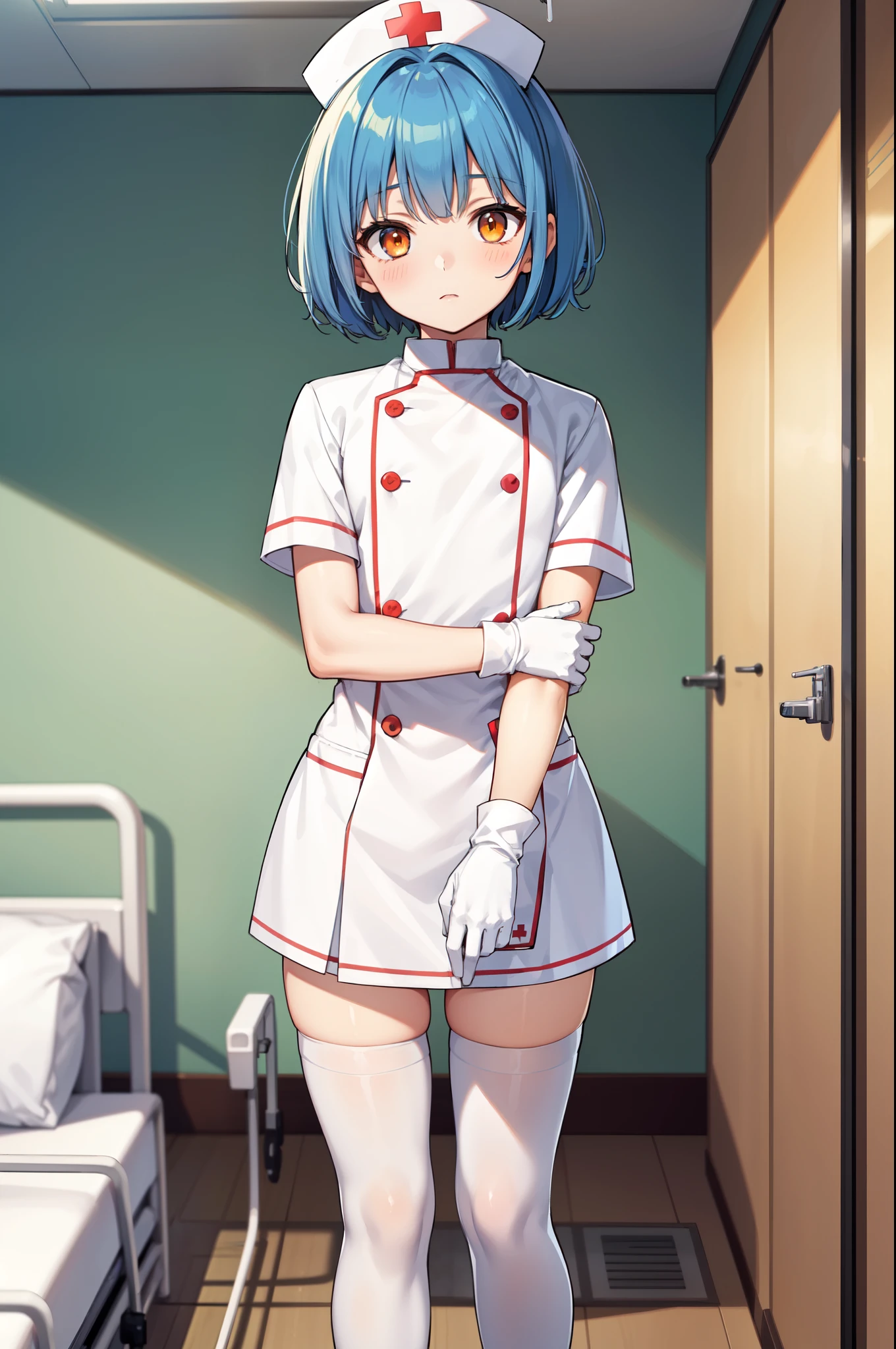 1boy, solo, male focus, nurse, white nurse cap, white nurse uniform, ((white legwear, zettai ryouiki)), white gloves, bobcut, blue hair, orange eyes, no impression, standing, ((hospital room)), sharp outline, short sleeves, shota, , best quality, masterpiece