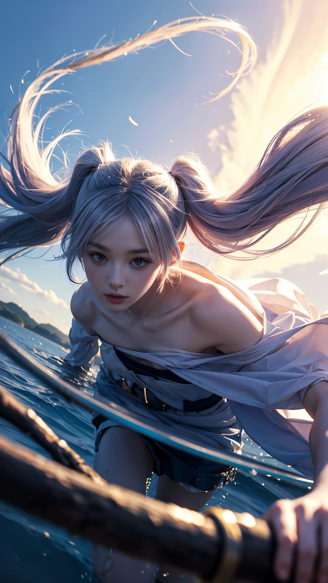 Twin tails,Official Art, masterpiece, Sharp focus, (Beautiful, gorgeous, and cute woman:1.3), (Beautiful and cute woman:1.3), Delicate and beautiful hair, Eyes and Face, Realistic, Very detailed, Beautiful woman, blue sky, (Side light:1.2), sunlight, White cloud, Delicate clouds, thin, ((Smile with your eyes, Please open your eyes)), landscape,Gold decoration, Sacred atmosphere,Smile,Decorations