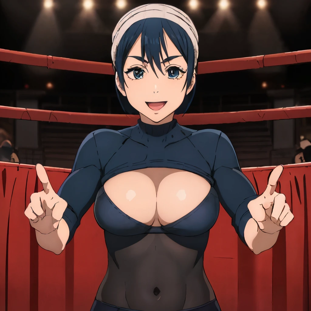 masterpiece,High resolution,high quality,Very detailed,Solo staring at the viewer,smile,Mouth open, one eye closed,
Tennariko,One girl,
Single knit,
Head scarf,
Seraph,Blue Ribbon,
, (Fighting sexy Pose), (Wrestling Ring), (Big Breasts), (Wide Hips),
pantyhose,
stylish_Pose,