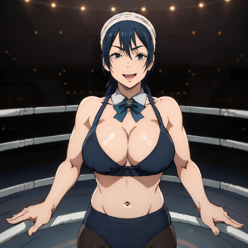 masterpiece,High resolution,high quality,Very detailed,Solo staring at the viewer,smile,Mouth open, one eye closed,
Tennariko,One girl,
Single knit,
Head scarf,
Seraph,Blue Ribbon,
, (Fighting sexy Pose), (Wrestling Ring), (Big Breasts), (Wide Hips),
pantyhose,
stylish_Pose,