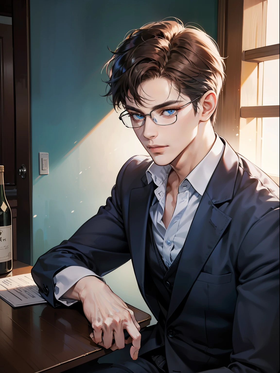 Anime guy in suit sitting at a table with a bottle of wine - SeaArt AI