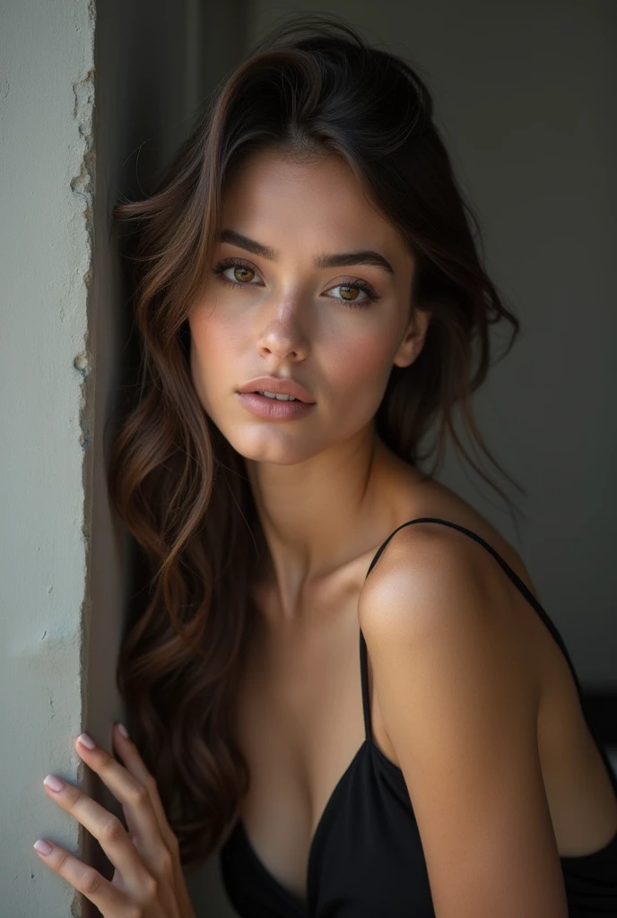 Femme arafed, fille sexy aux yeux bruns, Portrait Sophie Mudd, cheveux bruns et grands yeux, selfie d'une jeune femme, Yeux de chambre, Violette Myers, sans maquillage, maquillage naturel, regarder directement la caméra, Visage avec Artgram, Maquillage subtil, Superbe photo du corps entier, clivage, assis à table
