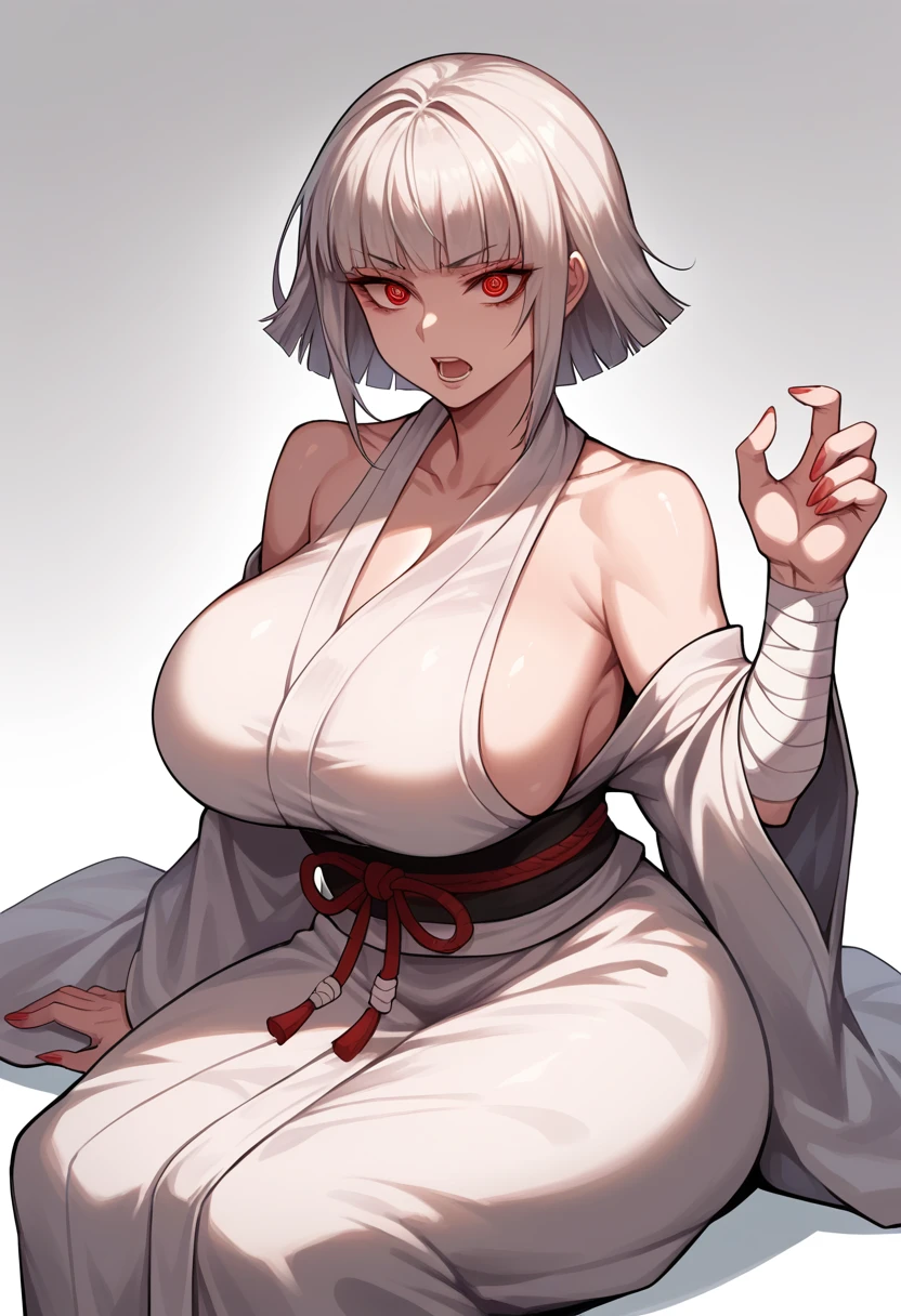 sitting, mixed_artwork style, big , detailed eyes, (Mature woman), beautiful woman, huge breasts, gray Long Straight hair, Fringe Hair, (White Martial clothes), red eyes, pretty nails, Neutral face, Head tilted, Chest peek, open mouth, (Breasts wrapped in bandage)