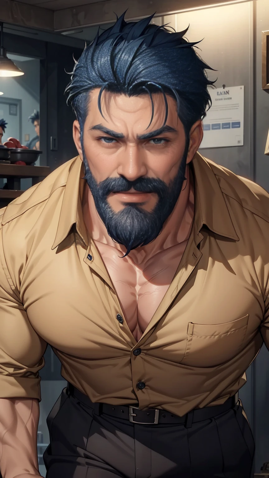 a muscular man, middle-aged, 56 y.o, quiff hairstyle, dark blue hair, dark blue mustache, dark blue beard, beige blouse, dark brown khaki trousers, handsome face, detailed eyes, nose and lips, 8k, high quality, photorealistic, dramatic lighting, cinematic