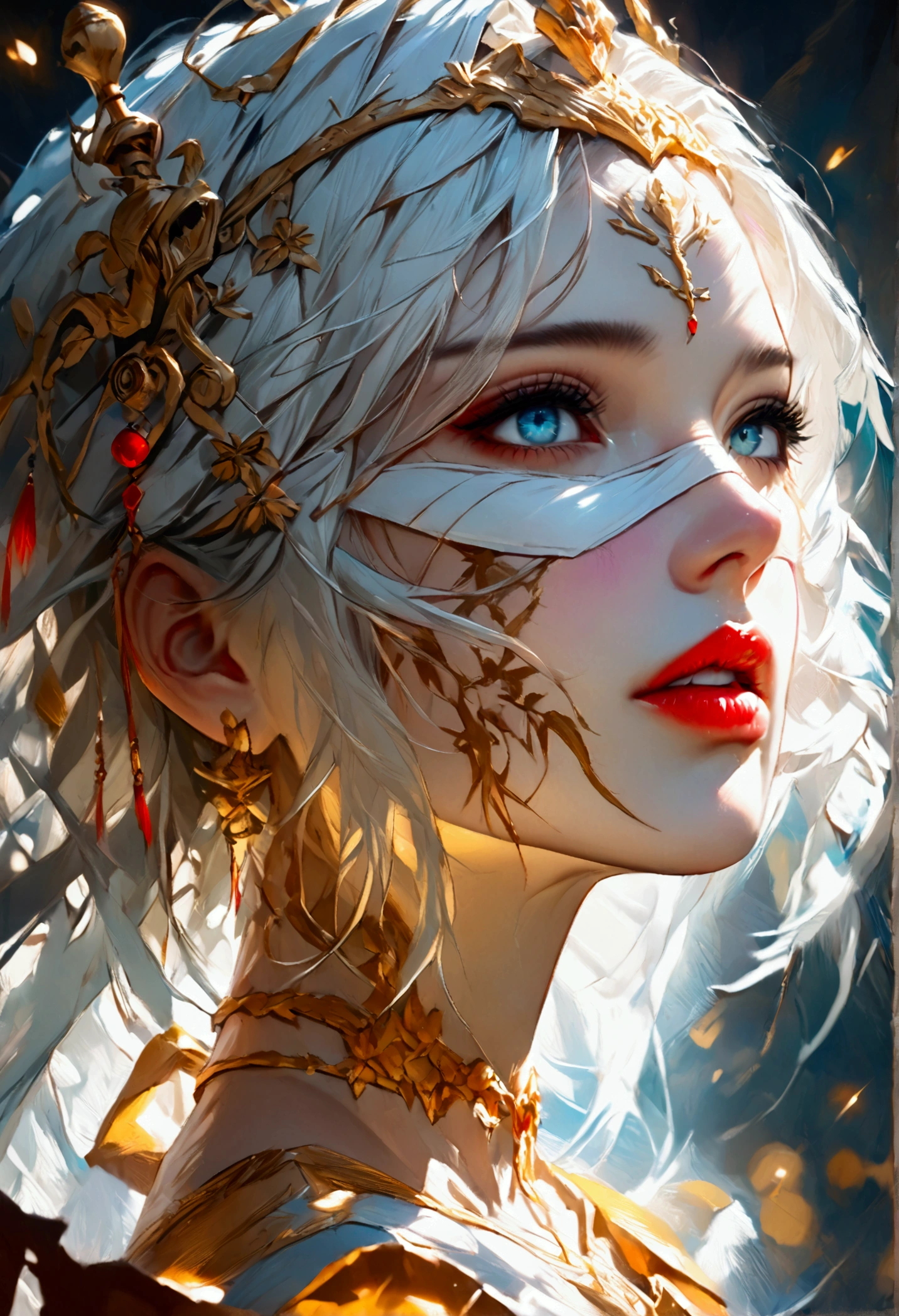 Close-up of a woman with white hair and white mask, beautiful figure painting, Guvitz, Guwiz style artwork, white-haired god, Yang J, epic fine character art, stunning character art, Fan Qi, Wu Jun Shifan, Guwiz in Pixiv Art Station, (NSFW: 1.0)