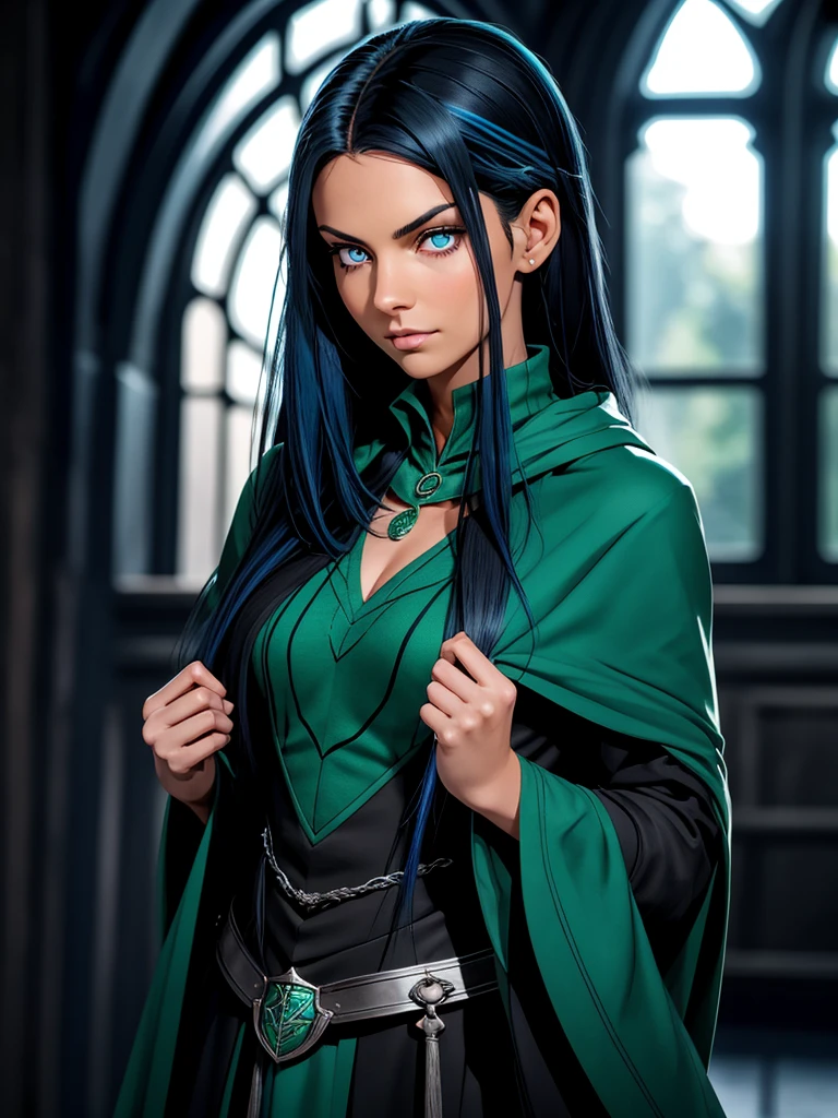 (best quality), 1girl, Female, tanned skin, black hair, blue tips, blue streaked hair, medium hair, asymmetric hairstyle, swoopy hair, blue eyes, perfect eyes, smug, slytherin hogwarts cloak, harry potter universe, slytherin, small bust, masterpiece, anatomically correct, highres
