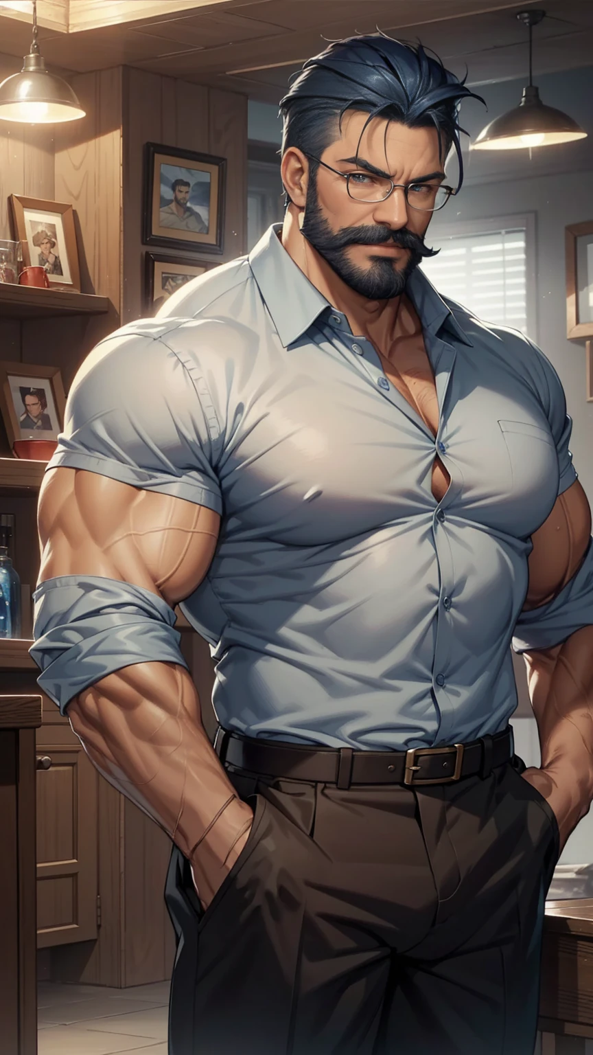 a muscular man, middle-aged, 56 y.o, quiff hairstyle, dark blue hair, dark blue mustache, dark blue beard, beige blouse, dark brown khaki trousers, handsome face, detailed eyes, nose and lips, 8k, high quality, photorealistic, dramatic lighting, cinematic