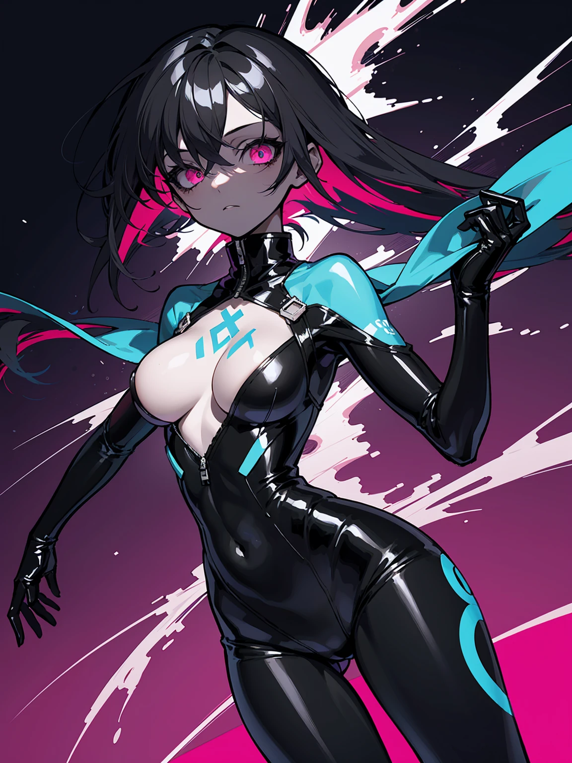  masterpiece,best quality,, (usnr:1.5) ,a digital illustration in an anime style, featuring a young woman with a striking appearance, she has long, flowing black hair with pink highlights, and her eyes are a vivid, glowing red, giving her a mystical and otherworldly look, her skin is pale, and she has a slender yet curvaceous physique, she is dressed in a form-fitting, black, latex-like bodysuit with a high collar and a prominent, blue, stylized emblem on her chest, the suit has a glossy texture, suggesting a high-tech or futuristic material, the background is dark, with splashes of pink and purple, creating a sense of movement and energy, the overall color palette is dominated by shades of black, pink, and blue, with highlights of blue and red, enhancing the dynamic and otherworldliness of the character, the illustration is highly detailed, with a focus on texture and lighting, giving it a three-dimensional quality